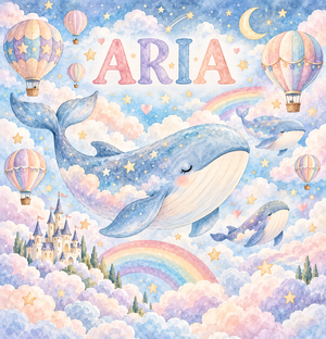 Sky Whales watercolor artwork with the name Aria