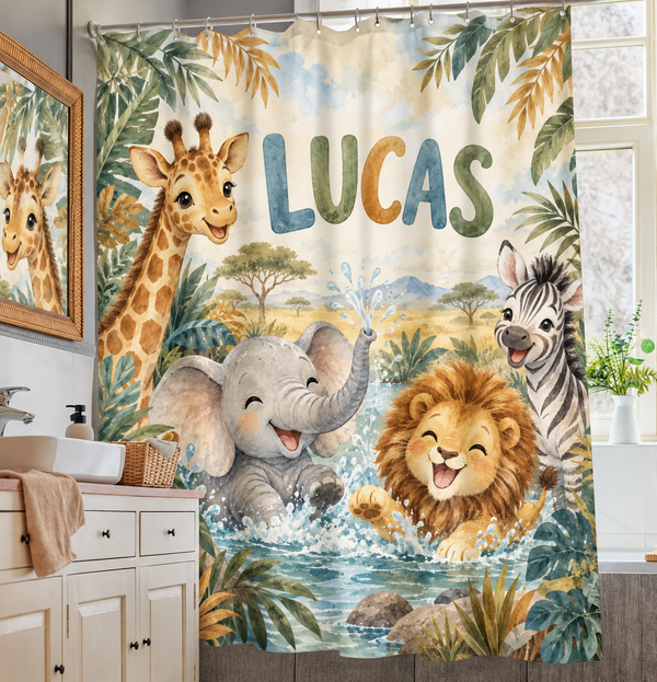 Safari Splash personalized kids shower curtain over a bathtub