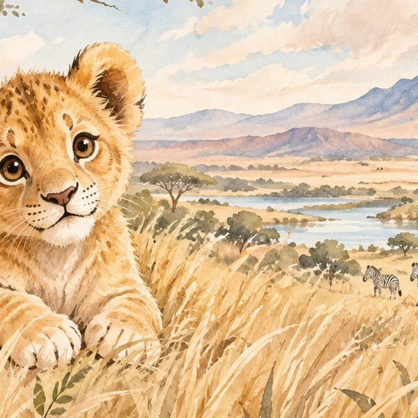 Lion Cub Safari kids rug, close up of the watercolor artwork