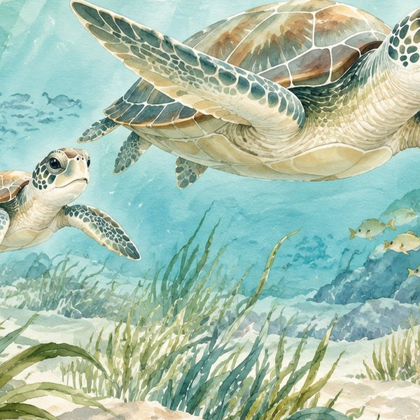Sea Turtles Ocean kids bath mat, close up of the watercolor artwork