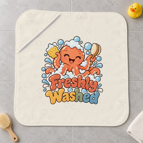 Freshly Washed kids hooded bath towel laid flat