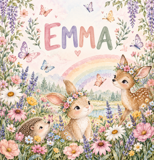 Rainbow Garden watercolor artwork with the name Emma