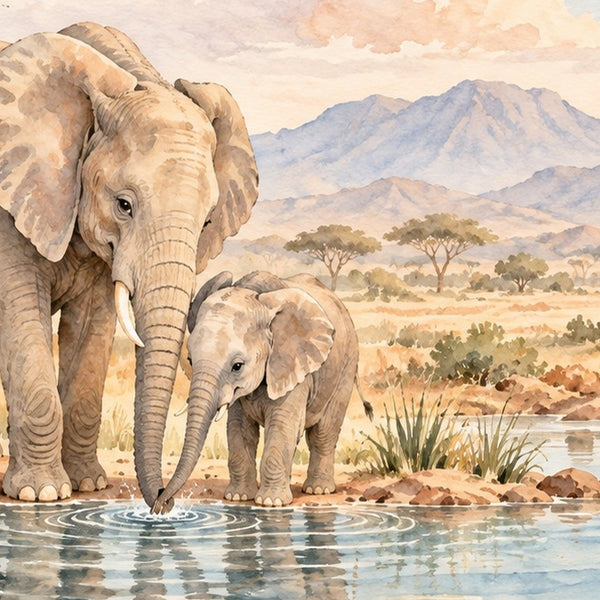 Elephant Family Safari kids bath mat, close up of the watercolor artwork