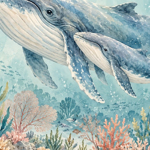 Whale Family Ocean kids rug, close up of the watercolor artwork