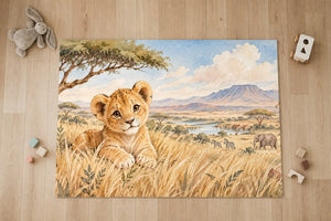 Top view of the Lion Cub Safari kids area rug on a wood floor