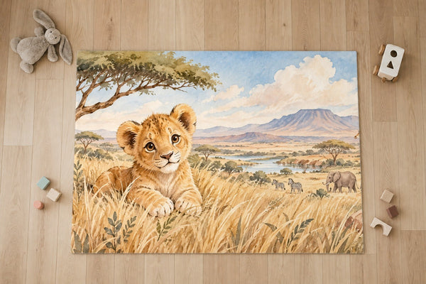 Top view of the Lion Cub Safari kids area rug on a wood floor