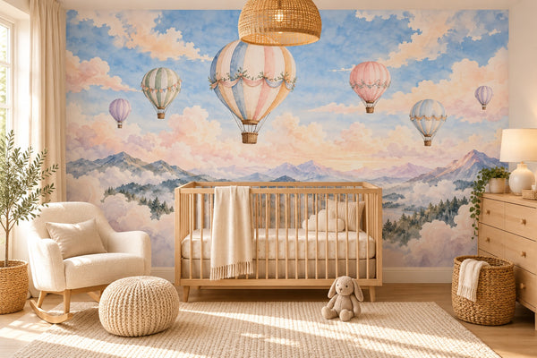 Watercolor Mountain Hot Air Balloons Wall Mural, image 1