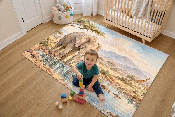 Toddler stacking blocks on the Elephant Family Safari kids rug in a bright bedroom