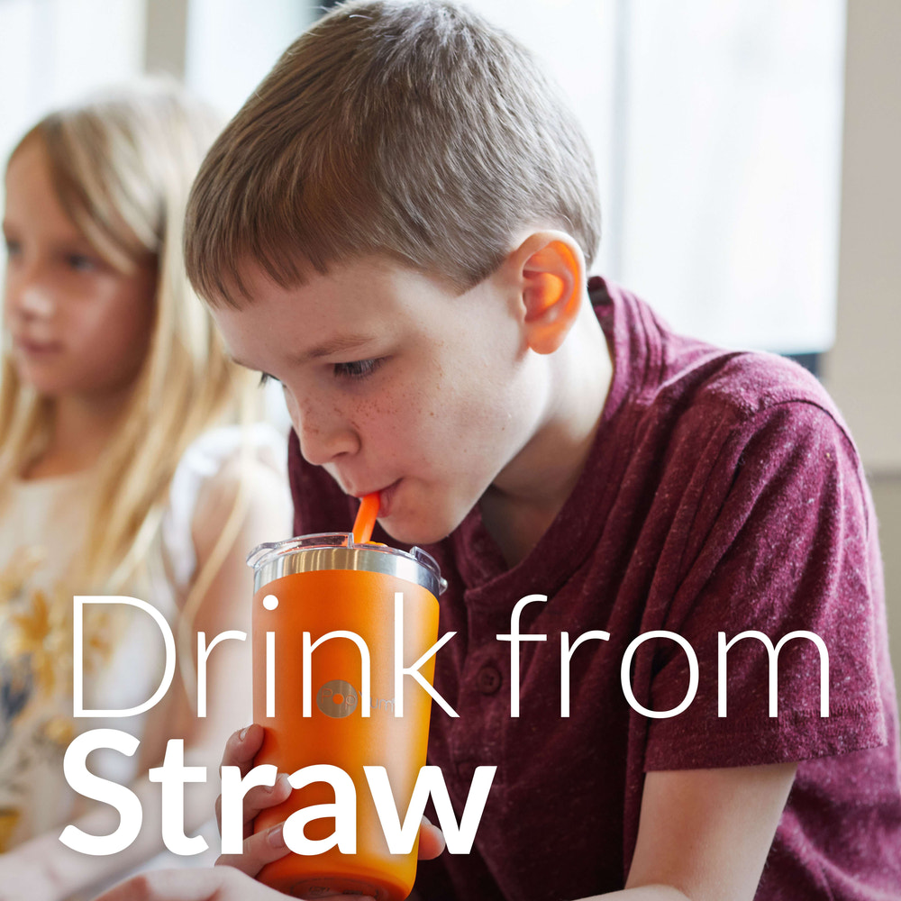 PopYum 13oz insulated stainless steel kids' cups, 2-pack in blue & pink, stackable with lid and straw, perfect for toddlers.