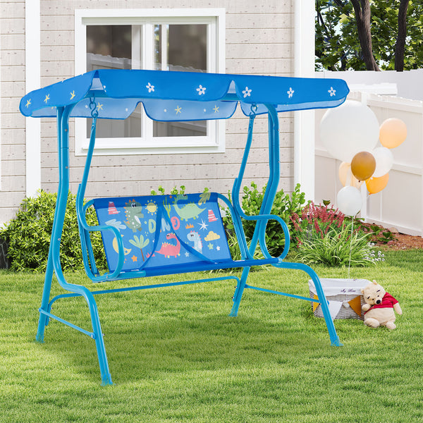 Kids patio swing bench with canopy for two, perfect for outdoor play and relaxation.