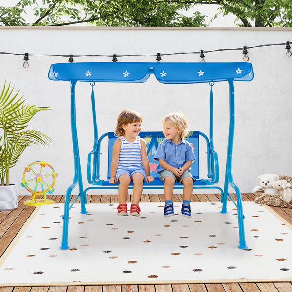 Kids patio swing bench with canopy for two, perfect for outdoor play and relaxation.