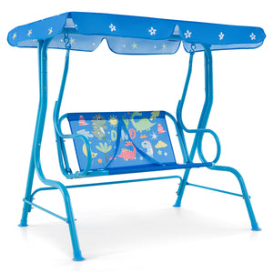 Kids patio swing bench with canopy for two, perfect for outdoor play and relaxation.