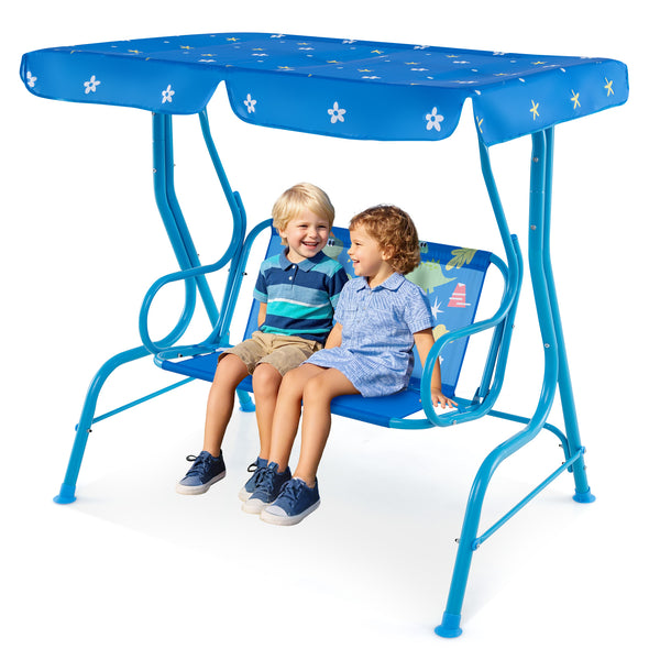 Kids patio swing bench with canopy for two, perfect for outdoor play and relaxation.