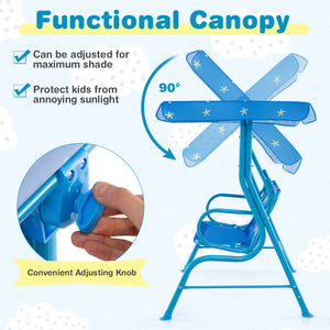 Kids patio swing bench with canopy for two, perfect for outdoor play and relaxation. Angle view showcasing design.