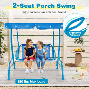 Two-person kids patio swing bench with canopy, perfect for outdoor fun and relaxation.