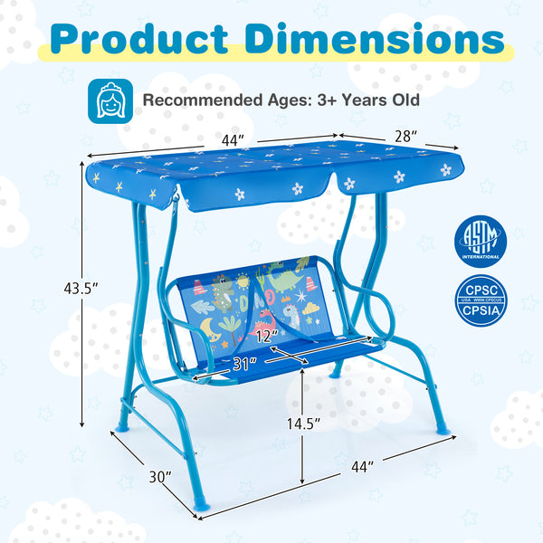 Kids patio swing bench with canopy, perfect for outdoor play and relaxation. Ideal for two children.