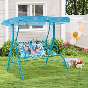 Kids patio swing bench with canopy for two, perfect for outdoor fun and relaxation.