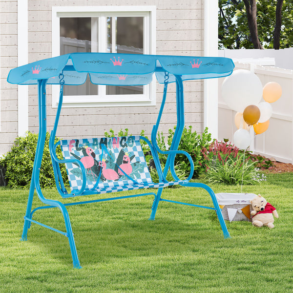 Kids patio swing bench with canopy for two, perfect for outdoor fun and relaxation.