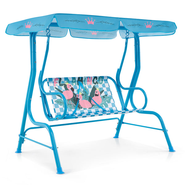 Kids patio swing bench with canopy for two, perfect for outdoor play and relaxation.