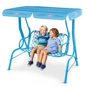 Kids patio swing bench with canopy for two, perfect for outdoor play and relaxation.