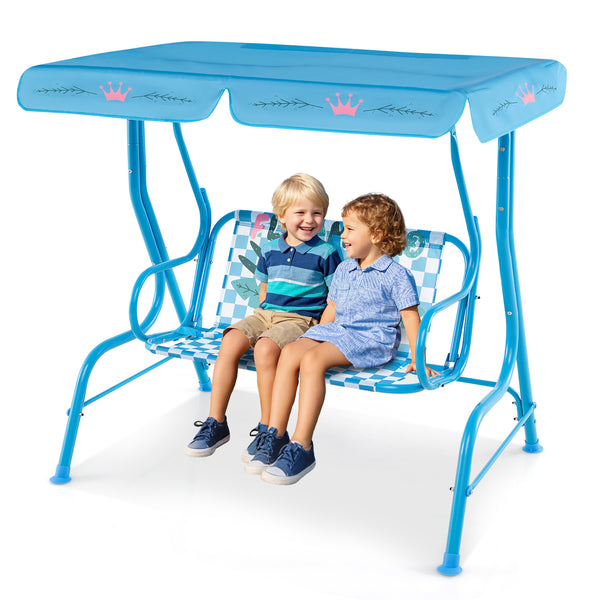Kids patio swing bench with canopy for two, perfect for outdoor play and relaxation.