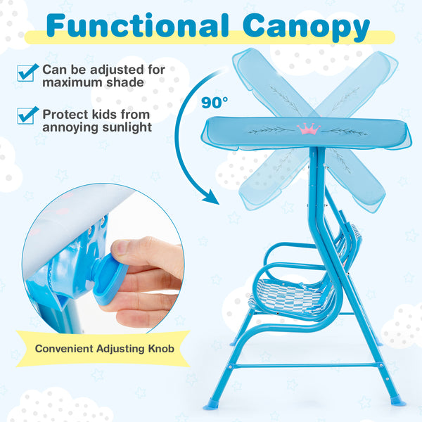 Kids patio swing bench with canopy for two, perfect for outdoor play and relaxation.