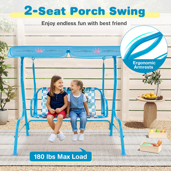 Kids patio swing bench with canopy for two, perfect for outdoor play and relaxation.