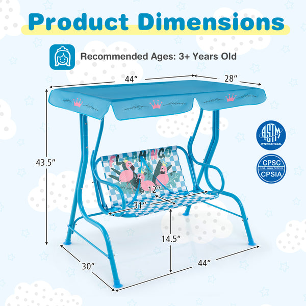 Kids patio swing bench with canopy for two, perfect for outdoor play and relaxation.