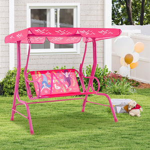Kids patio swing bench with canopy for two, perfect for outdoor play and relaxation. Angle 17 view.