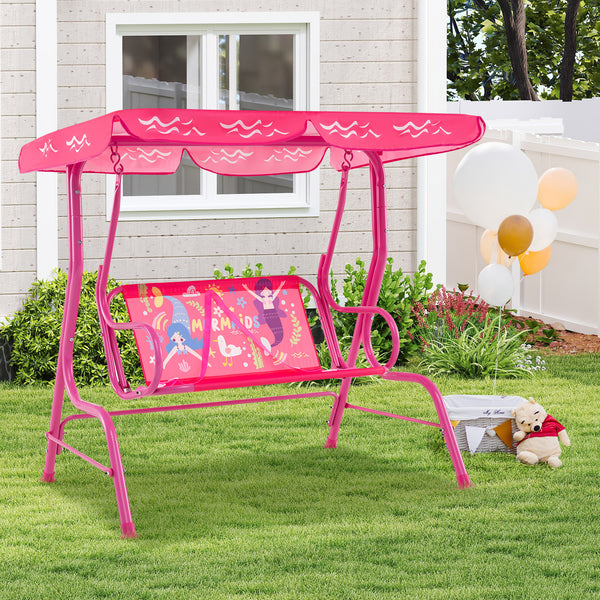 Kids patio swing bench with canopy for two, perfect for outdoor play and relaxation. Angle 17 view.