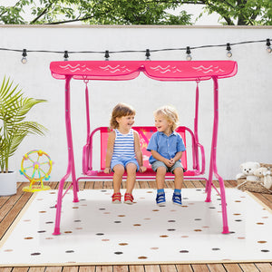 Two-person kids patio swing bench with canopy, perfect for outdoor play and relaxation.