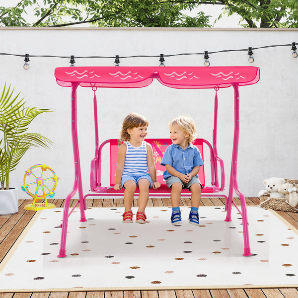 Two-person kids patio swing bench with canopy, perfect for outdoor play and relaxation.