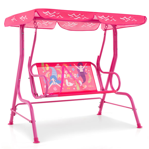 2-person kids patio swing bench with canopy, perfect for outdoor fun and relaxation.