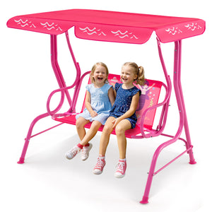 Kids patio swing bench with canopy for two, perfect for outdoor play and relaxation.