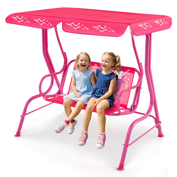 Kids patio swing bench with canopy for two, perfect for outdoor play and relaxation.