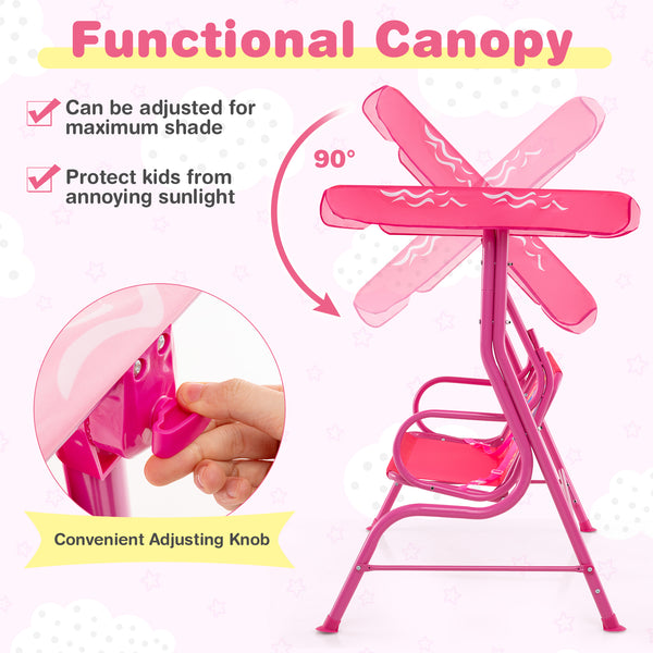 Kids patio swing bench with canopy for two, perfect for outdoor play and relaxation.