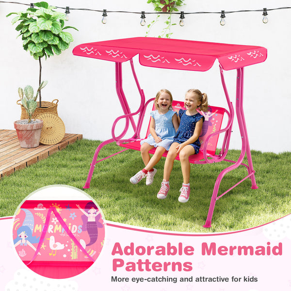 Kids patio swing bench with canopy for two, perfect for outdoor play and relaxation.