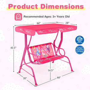 Kids patio swing bench with canopy, perfect for outdoor fun and relaxation. Ideal for two children.