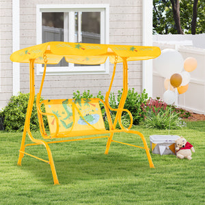 Kids patio swing bench with canopy for two, perfect for outdoor play and relaxation.