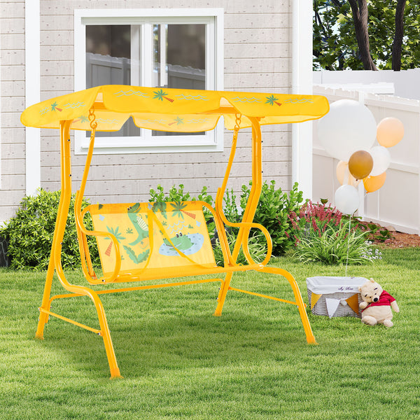 Kids patio swing bench with canopy for two, perfect for outdoor play and relaxation.