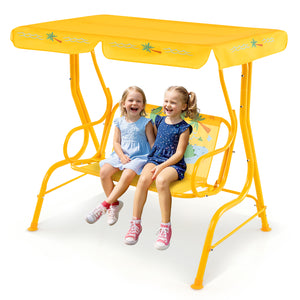 Kids patio swing bench with canopy for two, perfect for outdoor play and relaxation.