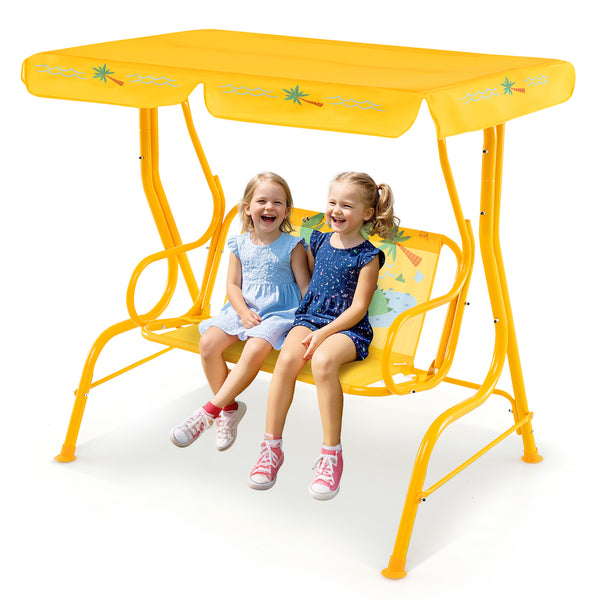 Kids patio swing bench with canopy for two, perfect for outdoor play and relaxation.