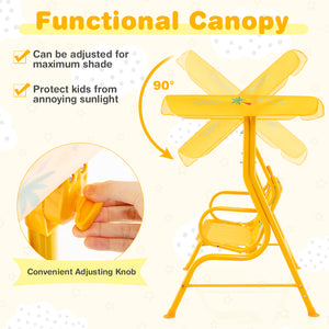 Kids patio swing bench with canopy for two, perfect for outdoor play and relaxation.