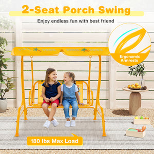 Two-person kids patio swing bench with canopy, perfect for outdoor play and relaxation.