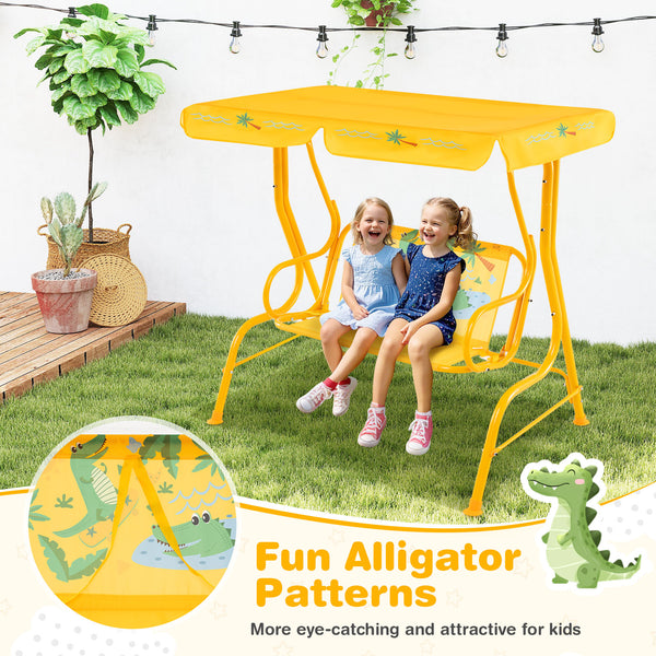 Kids patio swing bench with canopy for two, perfect for outdoor play and relaxation.