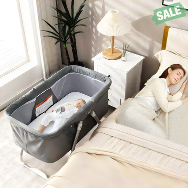 2-In-1 Gray Baby Bassinet with Mattress and Net for Safe Sleep, Ideal for Infants and Newborns.