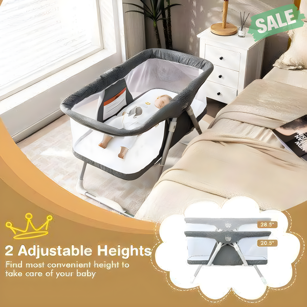 Gray 2-in-1 baby bassinet with mattress and net, shown from angle 2, perfect for safe sleep and comfort.