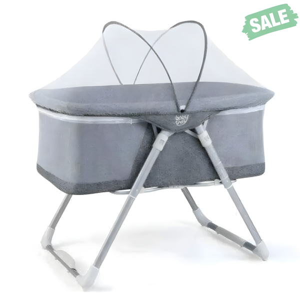Gray 2-in-1 baby bassinet with mattress and net, viewed from angle 3, perfect for safe sleep and comfort.