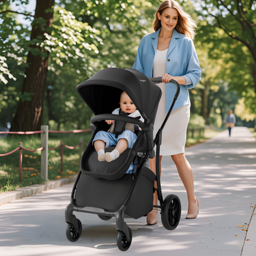 2-in-1 Black Baby Stroller with Bassinet Mode and Reversible Seat for infants and toddlers.