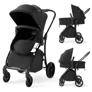 2-in-1 black baby stroller with bassinet mode and reversible seat, viewed from angle 2. Perfect for versatile parenting.
